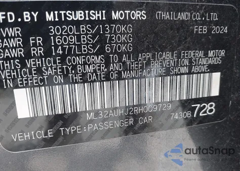 2024 Mitsubishi Mirage Es/Le из США, поврежденный, VIN ML32AUHJ2RH009729